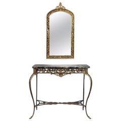 Antique Cast Bronze and Marble Oscar Bach Console Table and Mirror, circa 1930 3
