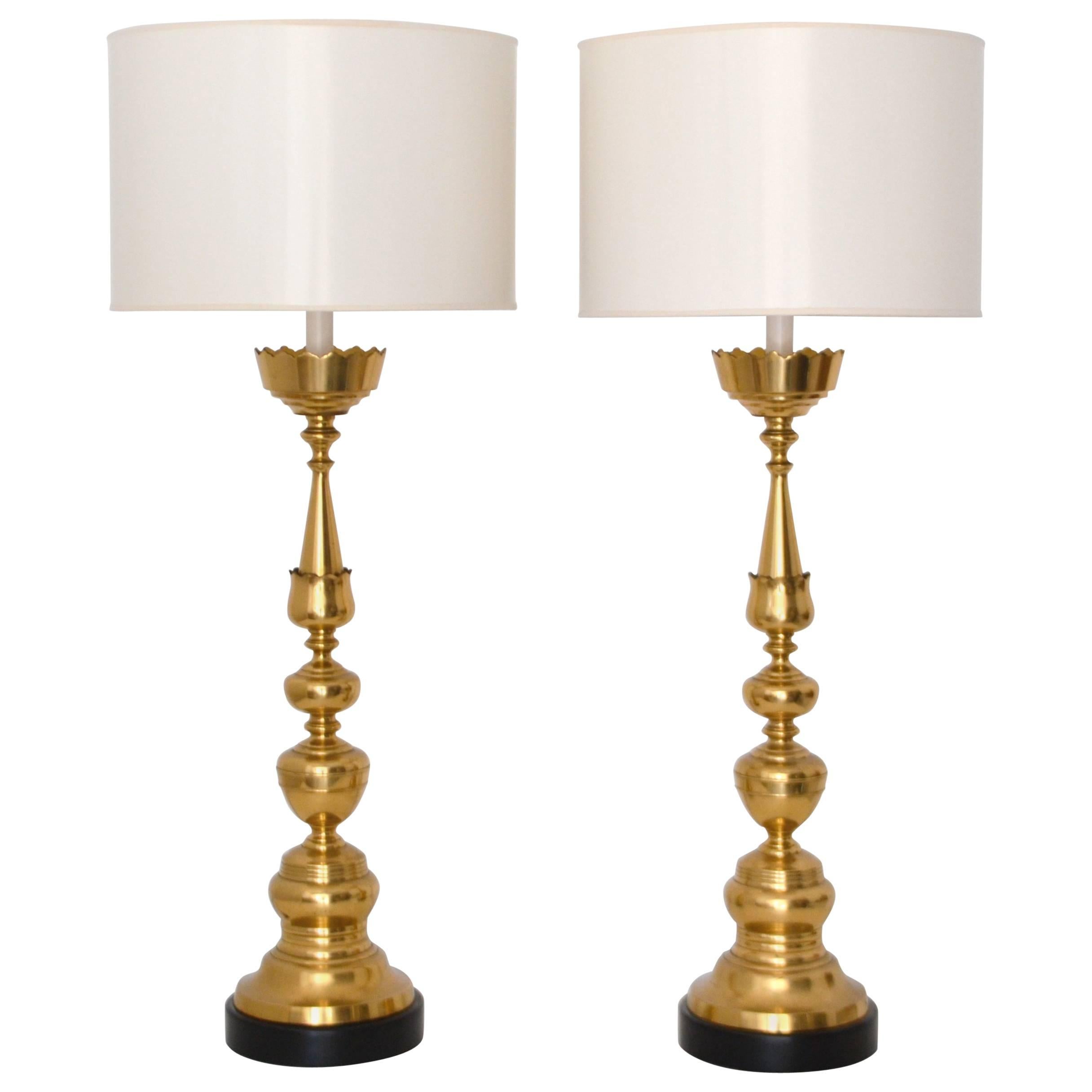 Pair of Italian Mid-Century Turned Brass Candlestick Table Lamps For Sale