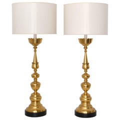 Pair of Italian Mid-Century Turned Brass Candlestick Table Lamps