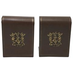 1960s Faux Leather Bookends with Brass Crest, Pair 9