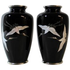 Pair of Japanese Cloisonne Vase's with Flying Cranes 6