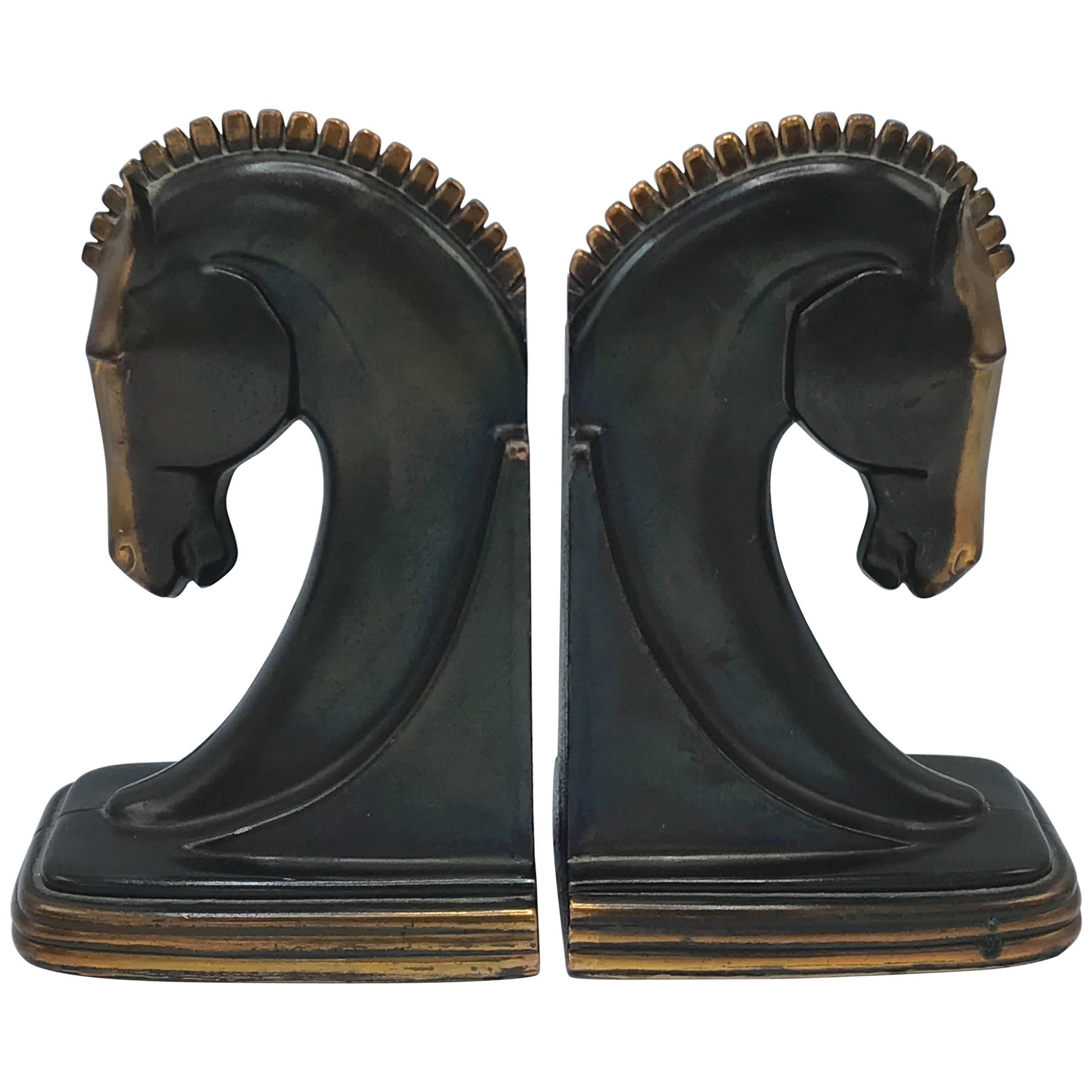 1930s Bronze Horse Bust Bookends, Pair
