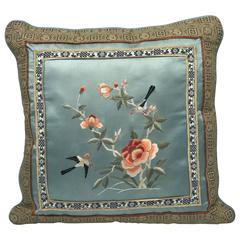 1960s Chinoiserie Asian Silk Bird and Floral Motif Pillow 1960s Chinoiserie Asian Silk Bird and Floral Motif Pillow