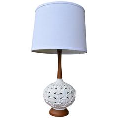 White Petal Ceramic Lamp with Teak Accents