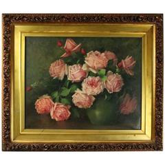 Antique Floral Still Life Oil on Canvas by Marie Johnson, Roses, circa 1910