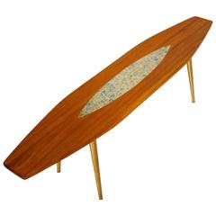 Danish Modern Style Surfboard Coffee Table with Brass Legs and Inlaid Tile
