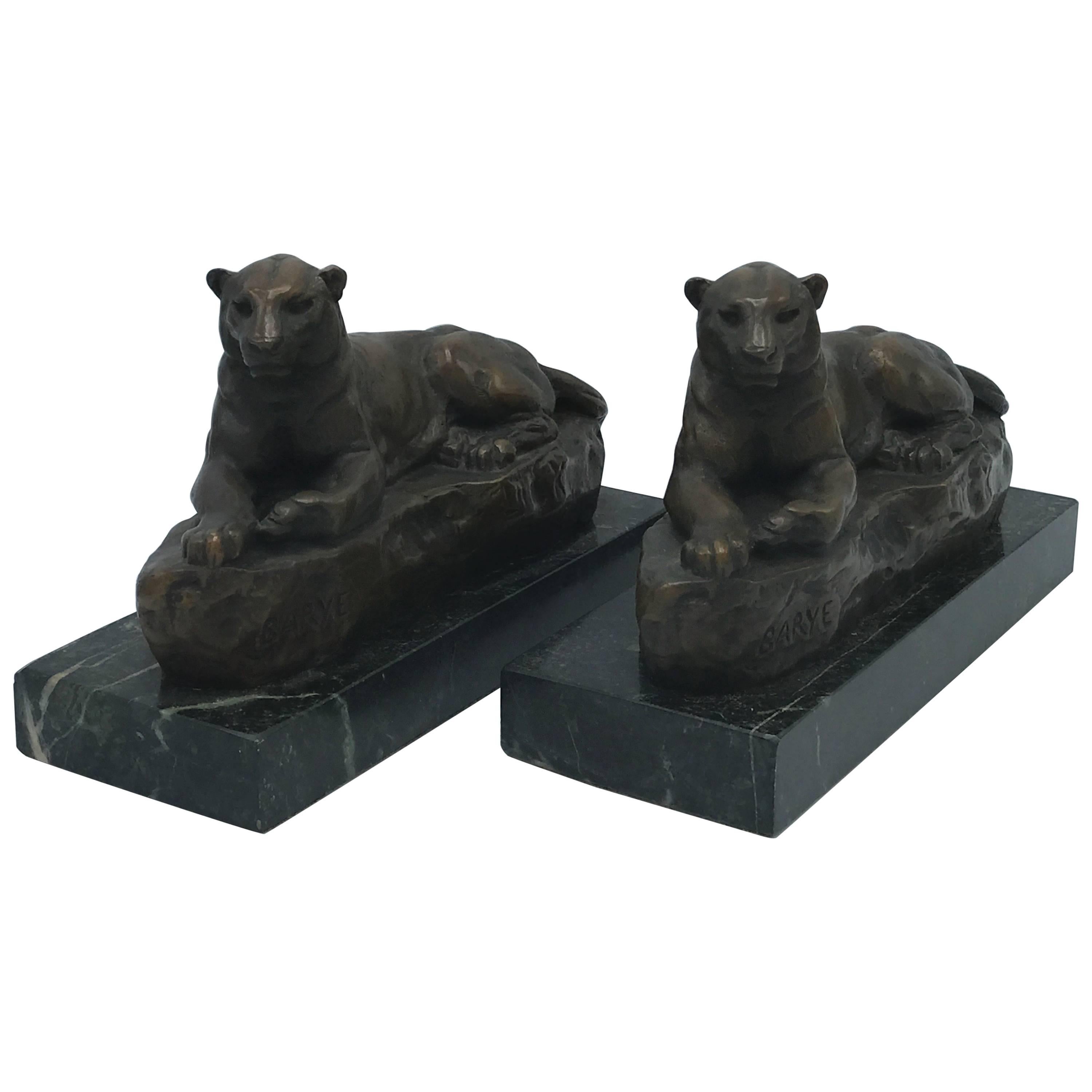 1920s French Art Deco Barye Bronze Panther Bookends on Marble Bases, Pair