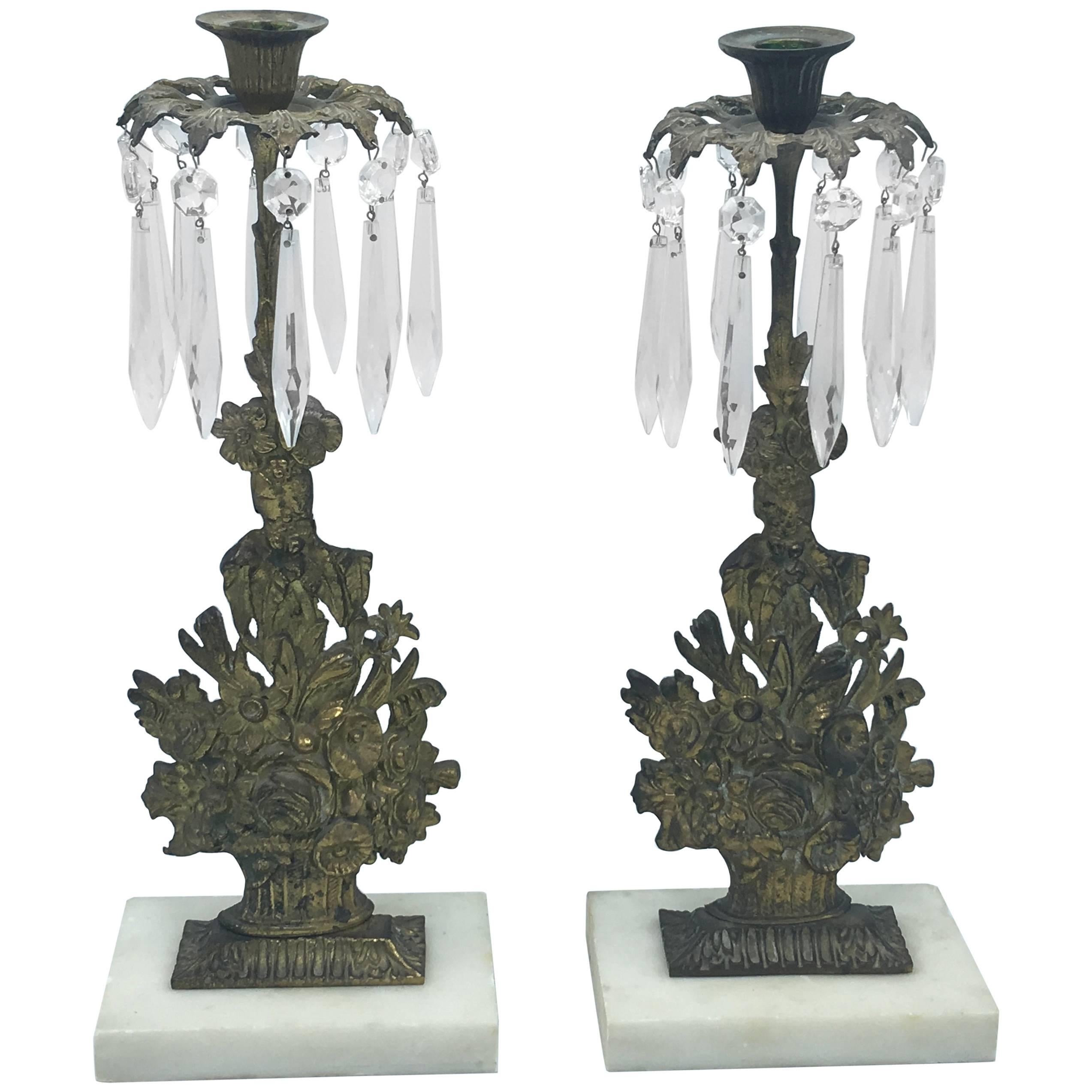19th Century Brass and Crystal Flower Basket Girondoles on Marble, Pair