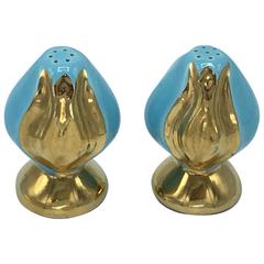 1960s Turquoise Tulip and Gold Salt and Pepper Shakers, Pair