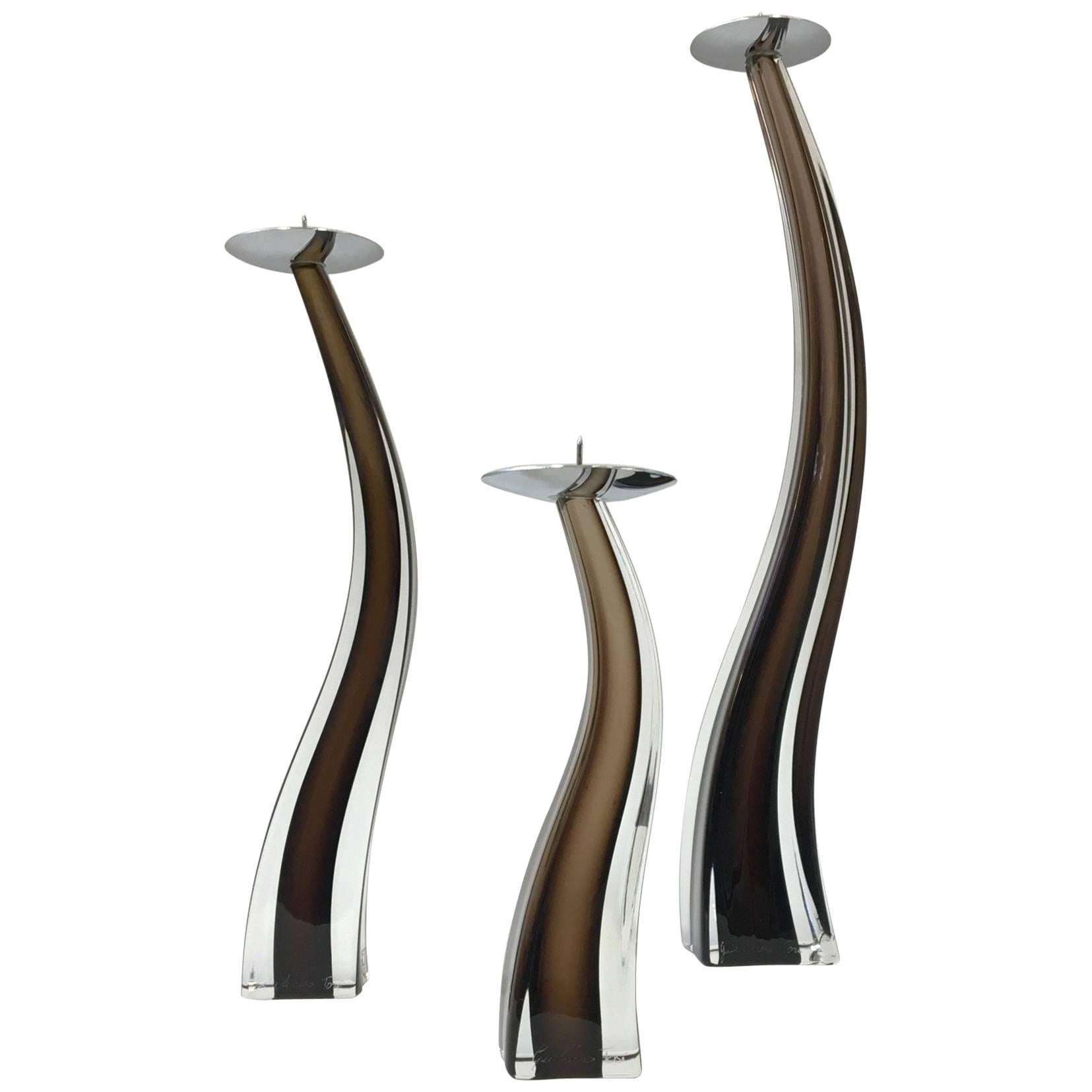 Set of Three Murano Glass Candlesticks by Giuliano Tosi for Oggetti, Italy