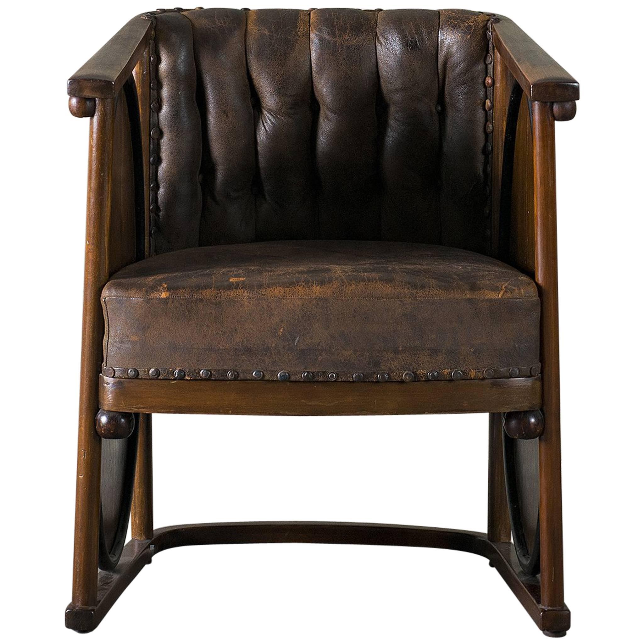 Kolomon Moser or Josef Hoffman Armchair Beechwood, Marquetry and Leather, 1907 For Sale