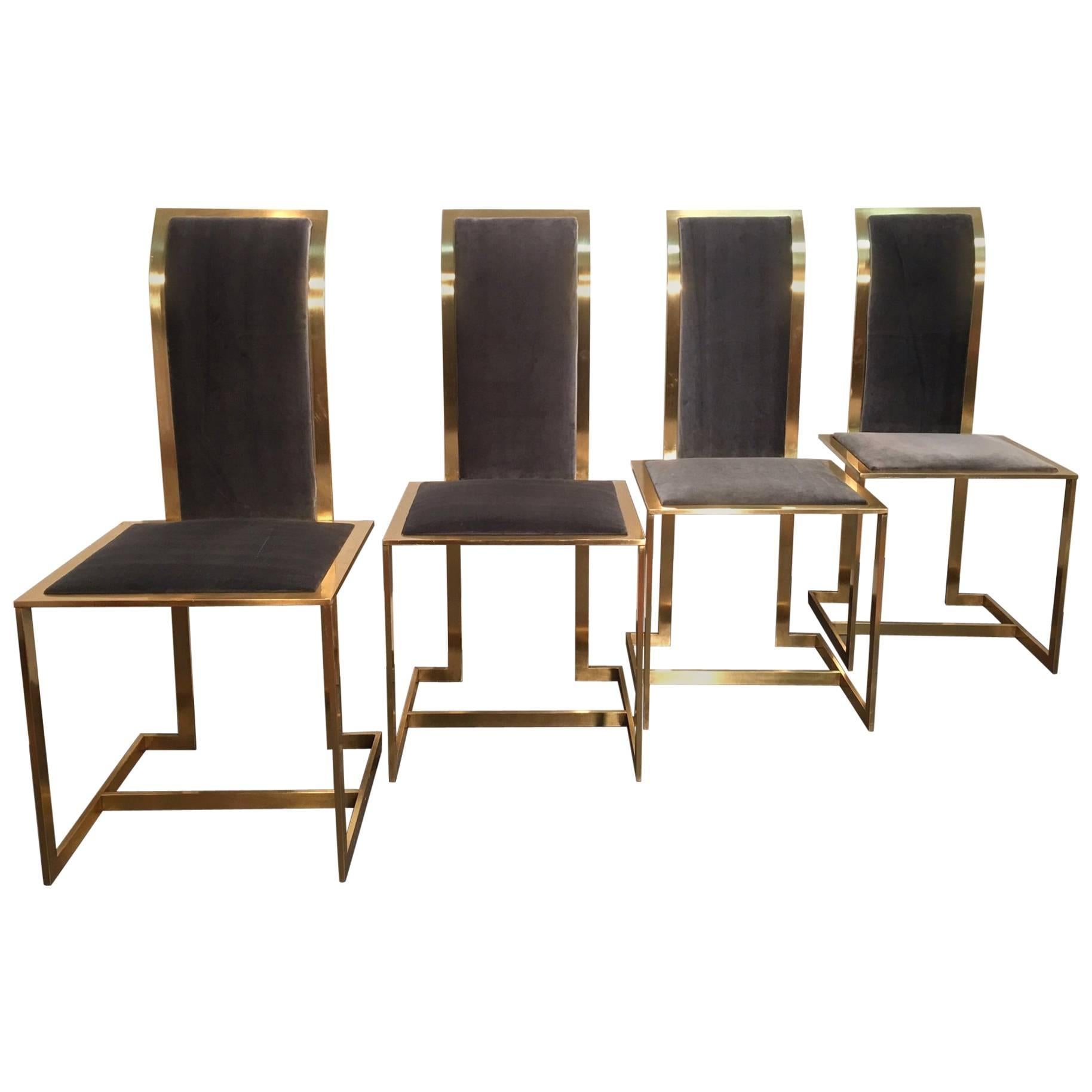 Set of 4 Romeo Rega Italian Brass and Velvet Dining Chairs
