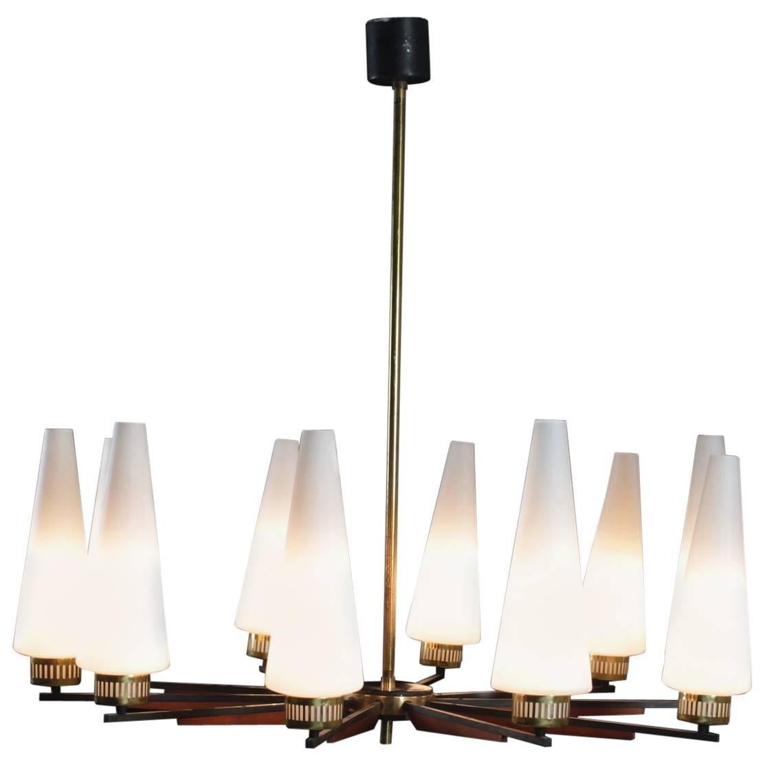 Hanging Lamp Brass Metal Teak Opaline Glass Vintage, Italy, 1950s-1960s