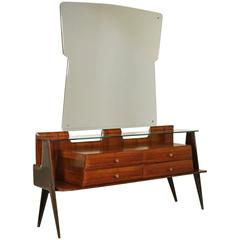Chest of Drawers with Mirror Rosewood Veneer Glass Brass Vintage, Italy, 1950s