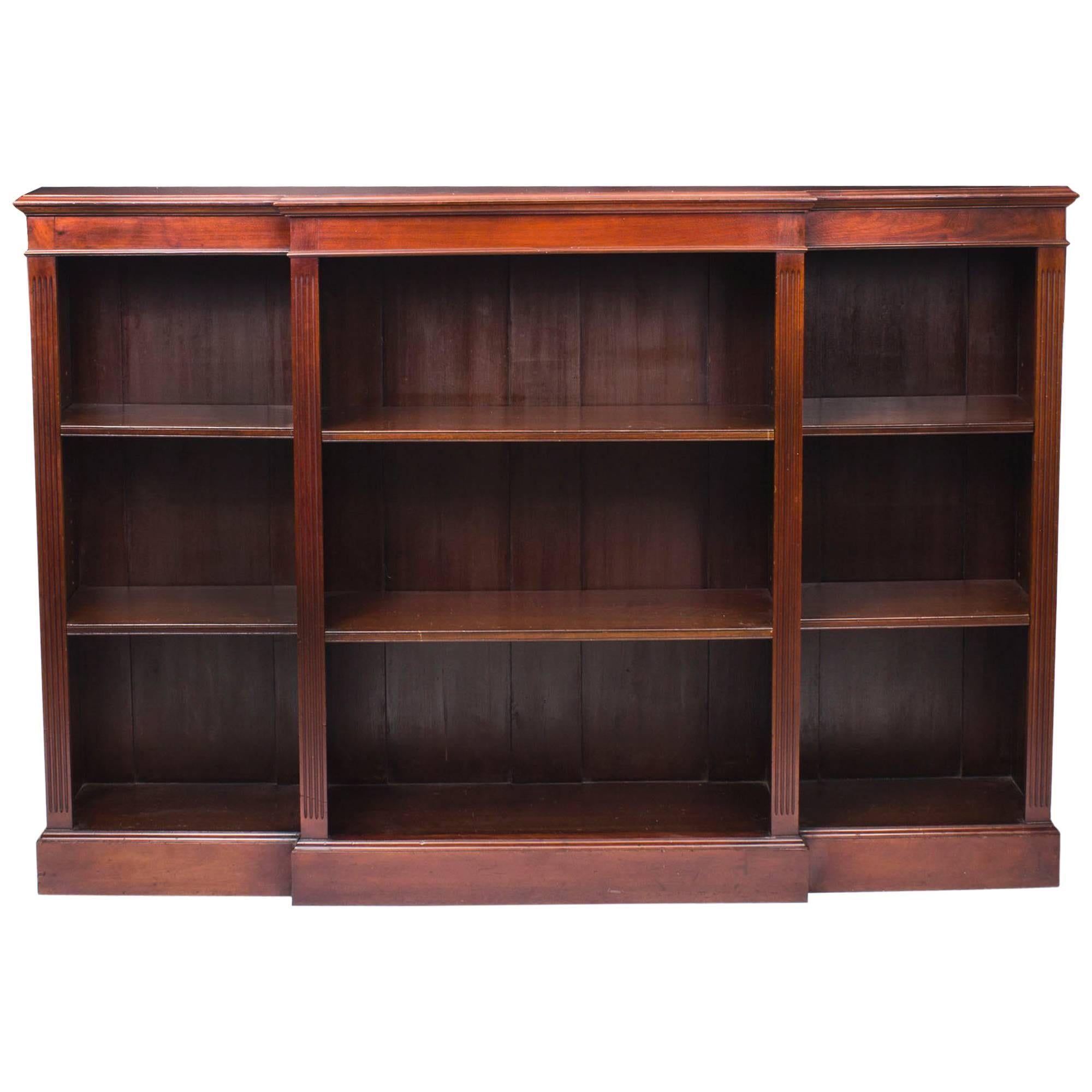 Early 20th Century Edwardian Mahogany Breakfront Open Bookcase