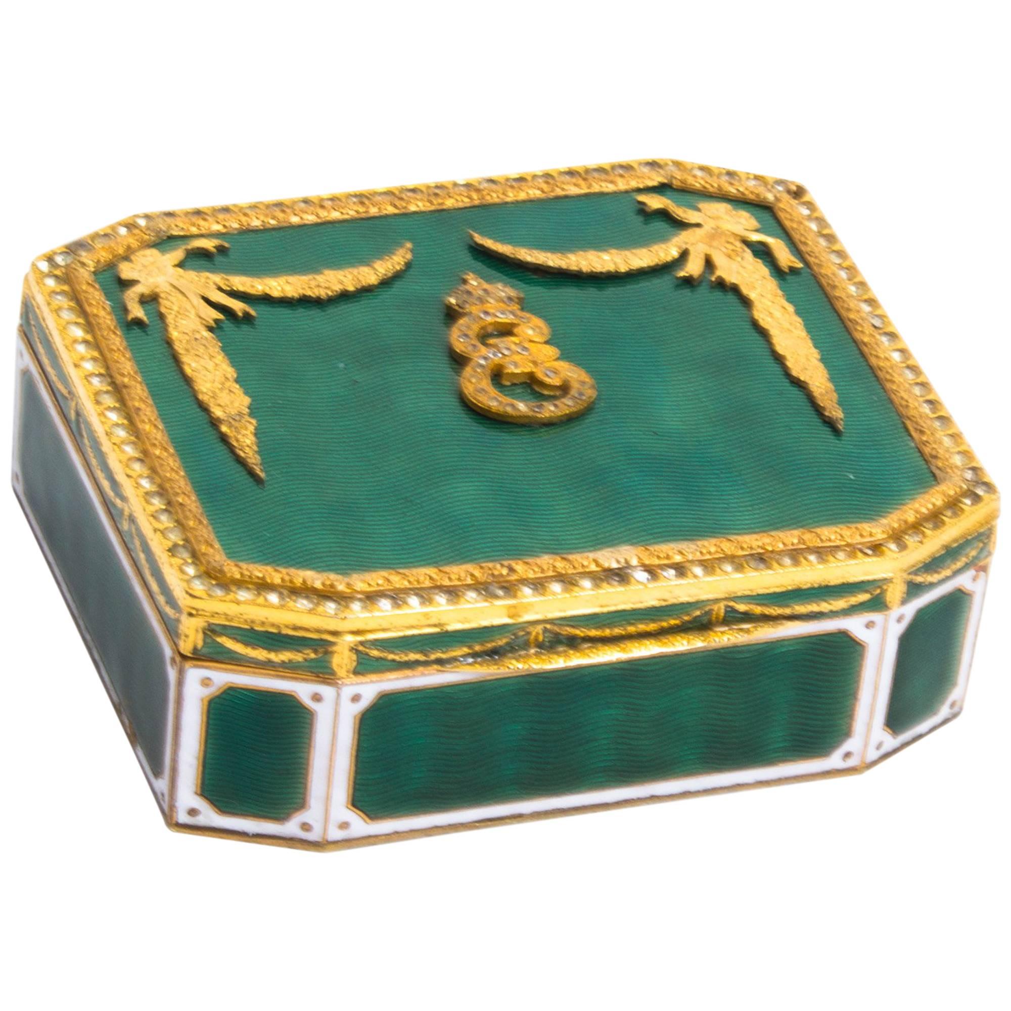 Antique Russian Gilt Bronze Enamel Trinket Box, Empress Catherine the Great