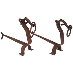 Vintage 1950s, French Wrought Iron Pair of Andirons