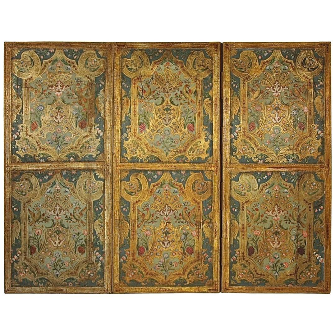 Early 18th Century Embossed and Polychrome Painted Leather Three-Leaf Screen