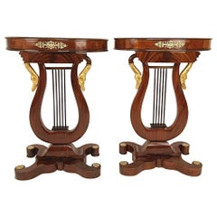 Pair of Empire Style Lyre Shaped Gilt-Bronze and Giltwood Mahogany Side Tables