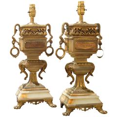 Pair of 19th Century Brass and Onyx Lamps