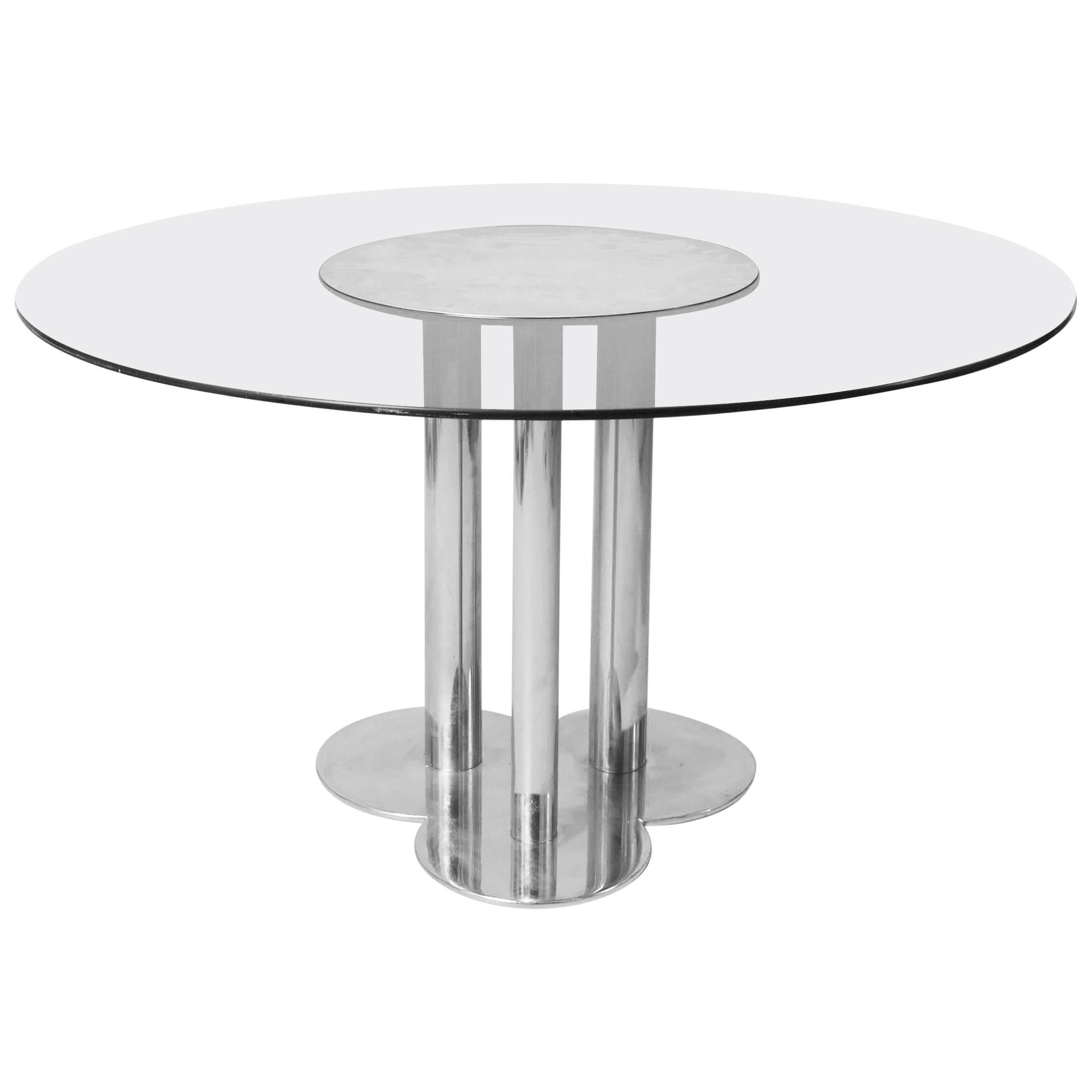 1970s, Cini Boeri Three-Leg Metal and Smoked Glass Circular Table For Sale