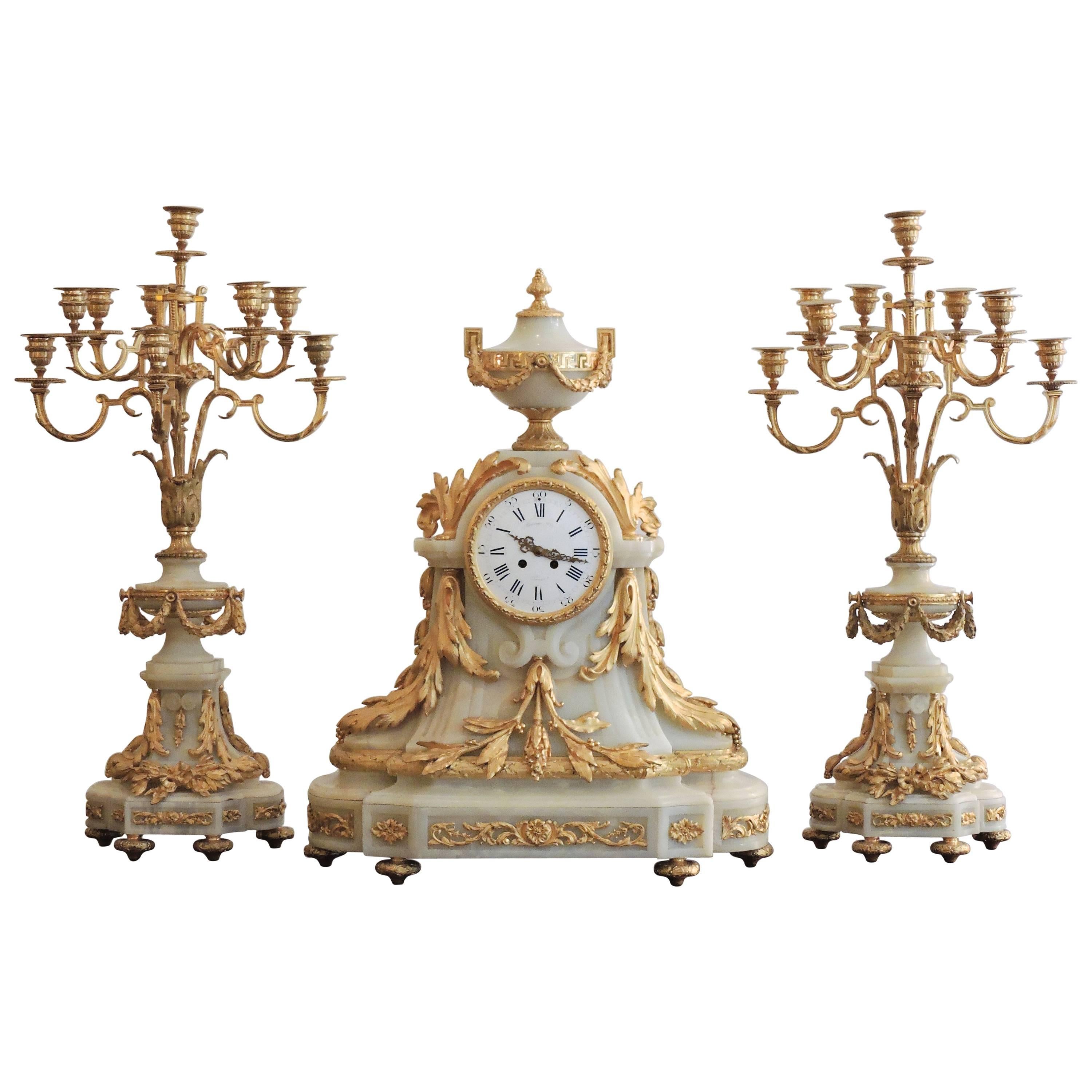 Rare French Ormulu and White Onyx Thee-Piece Clock Garniture by Raingo Freres