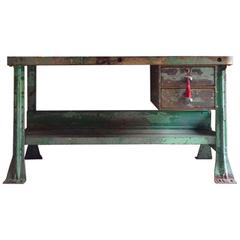 French Worktable Desk Sideboard Industrial Steel Oak Mid-Century Distressed 1940