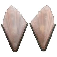 Pair Art Deco Wall Light Pink Frosted Decorative Glass