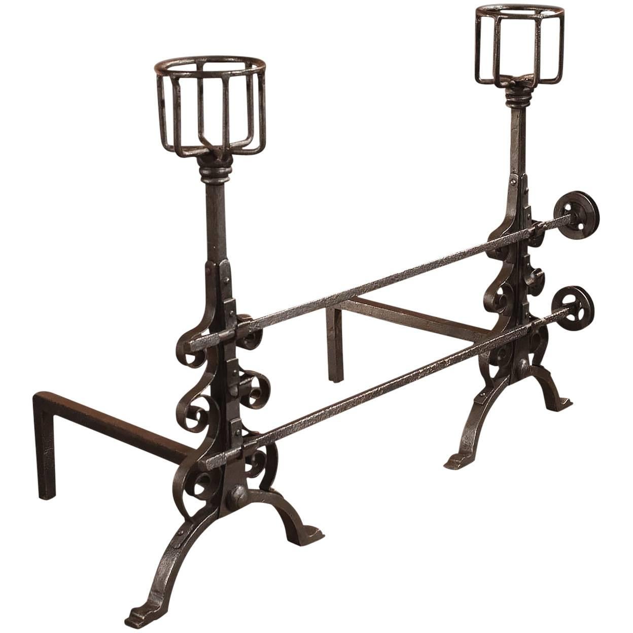 Antique Fire Dogs with Twin Wheel Spits and Cup Dogs