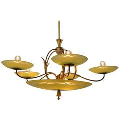 Antique Hugh Italian Art Deco Five-Arm Chandelier of Brass and Yellow Glass Plates
