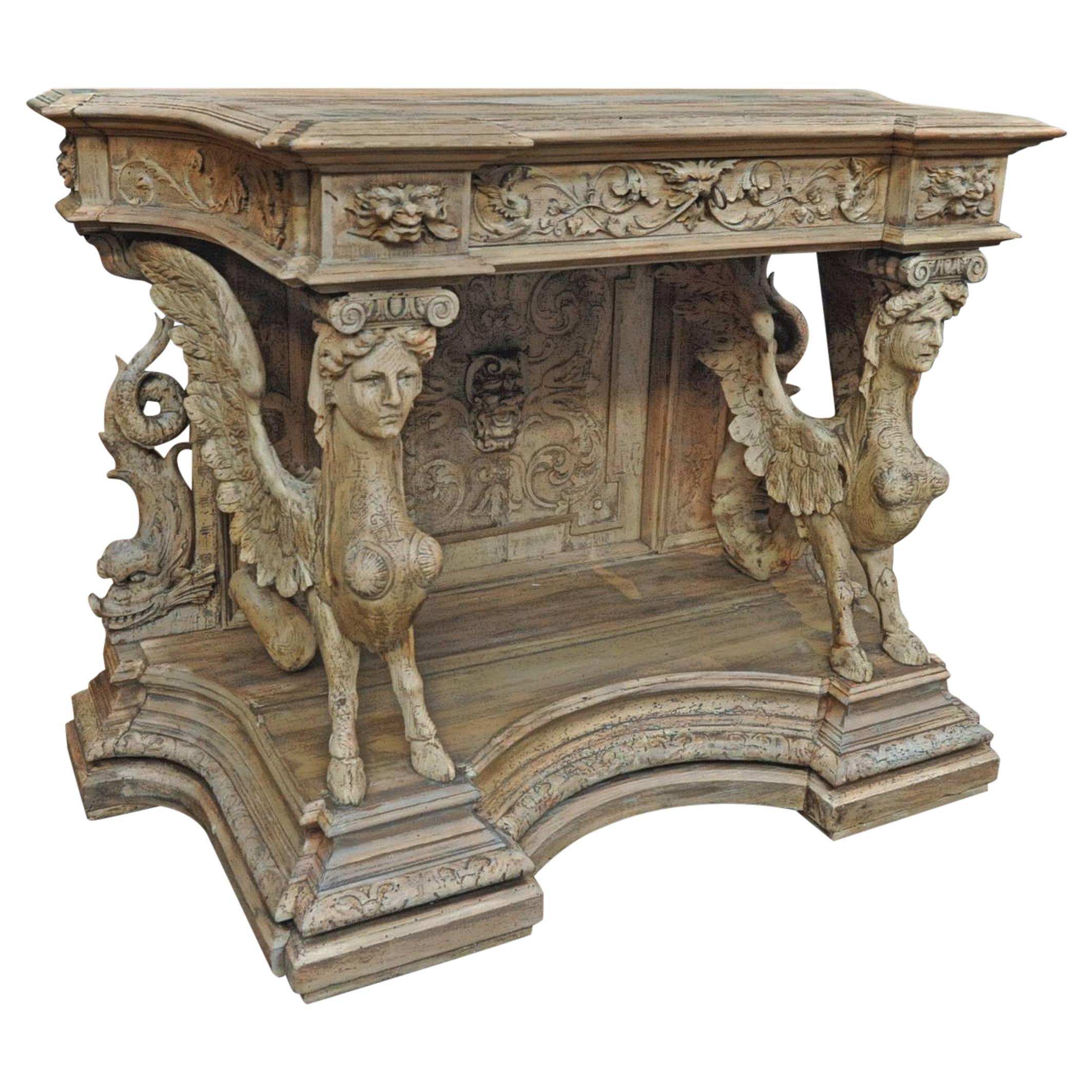 French 19th Century Carved Wood Sphinxes Console Table
