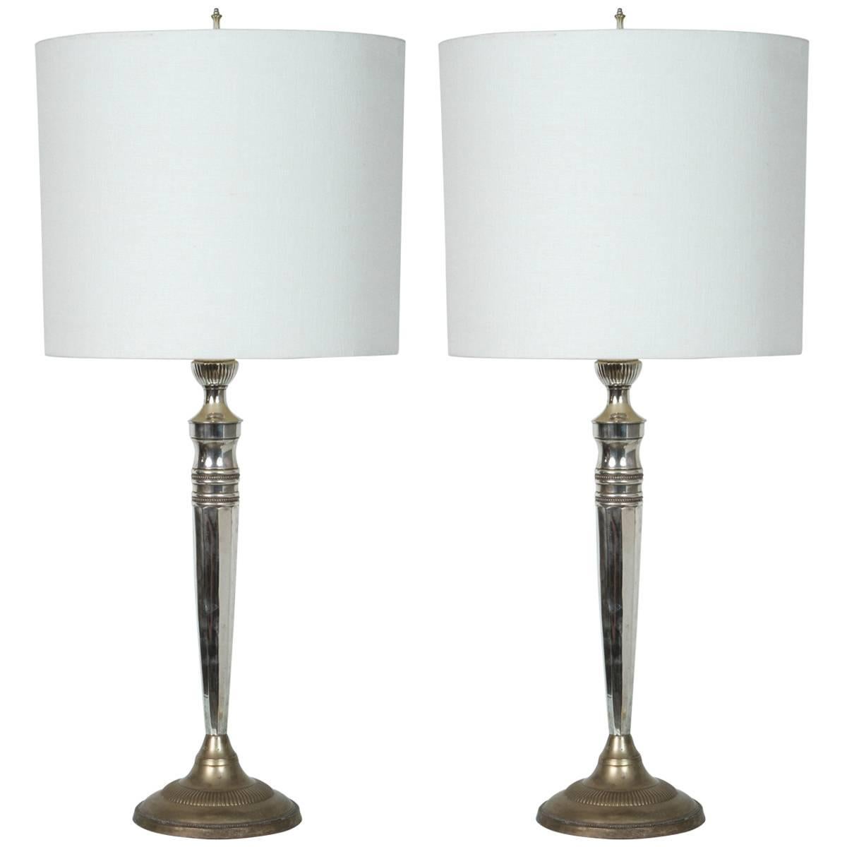Pair of American Neoclassical Silvered Table Lamps For Sale