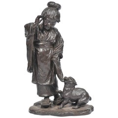Large Japanese Bronze of Young Girl and a Dog