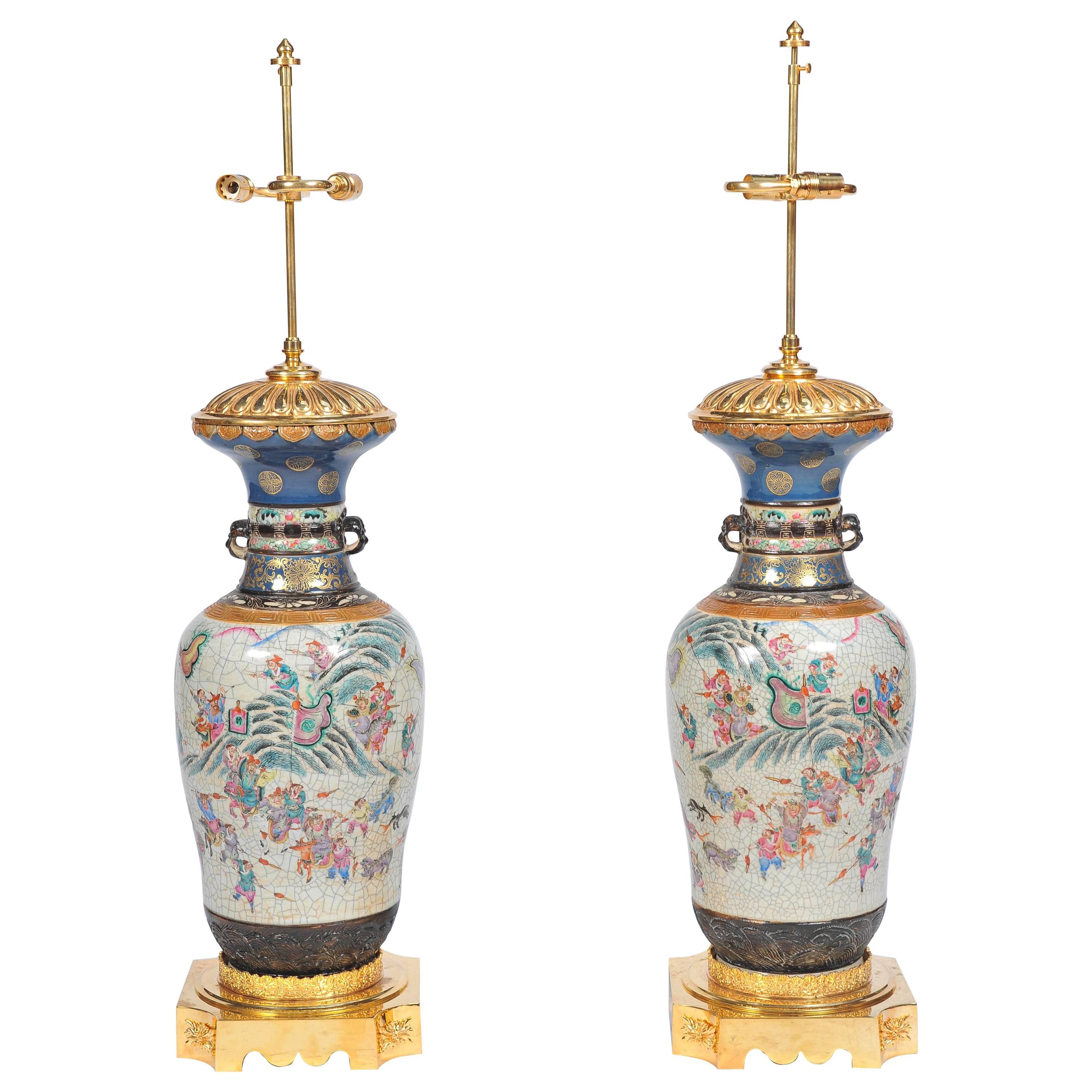 Large Pair of 19th Century Chinese Crackleware Vases or Lamps