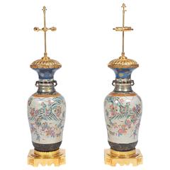 Large Pair of 19th Century Chinese Crackleware Vases or Lamps