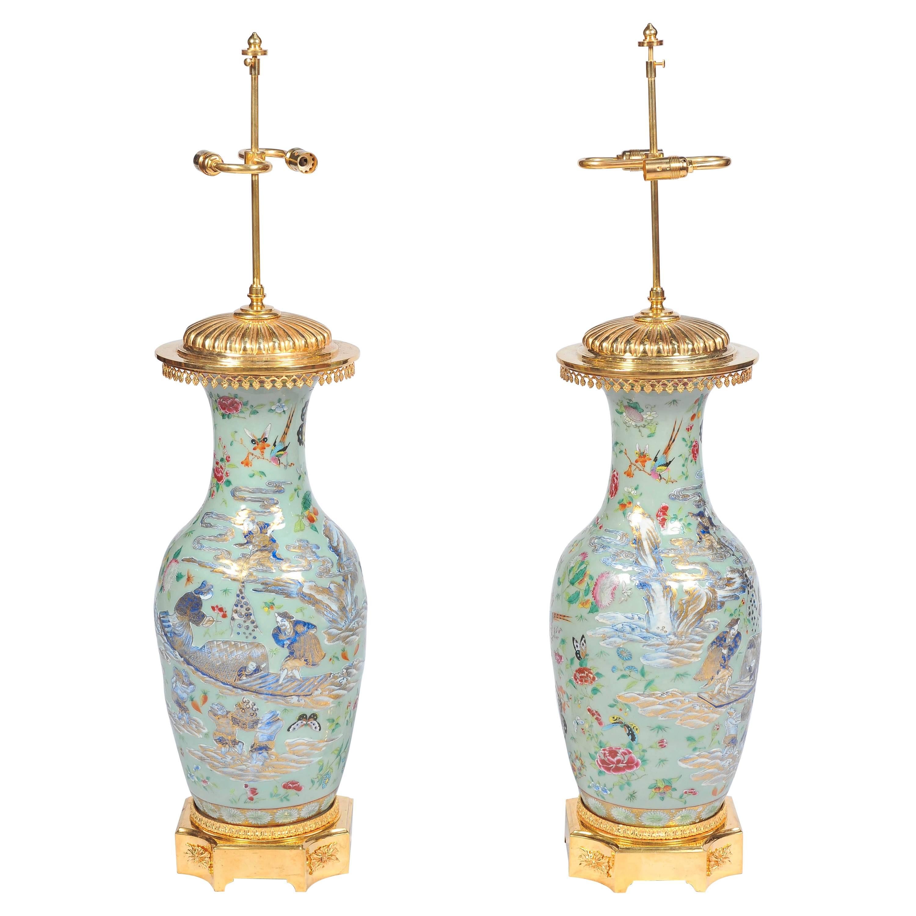 Pair of Celadon Famille Rose Vases / Lamps