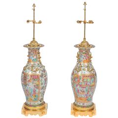 Large Pair of Antique Rose Medallion / Cantonese Vases / Lamps 4
