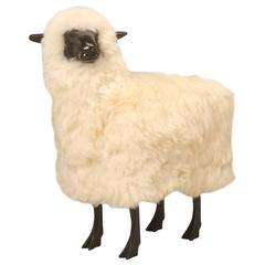 Lalanne Inspired Lifesize Bronze Sheep, in Real Fur with its Head Canted Left