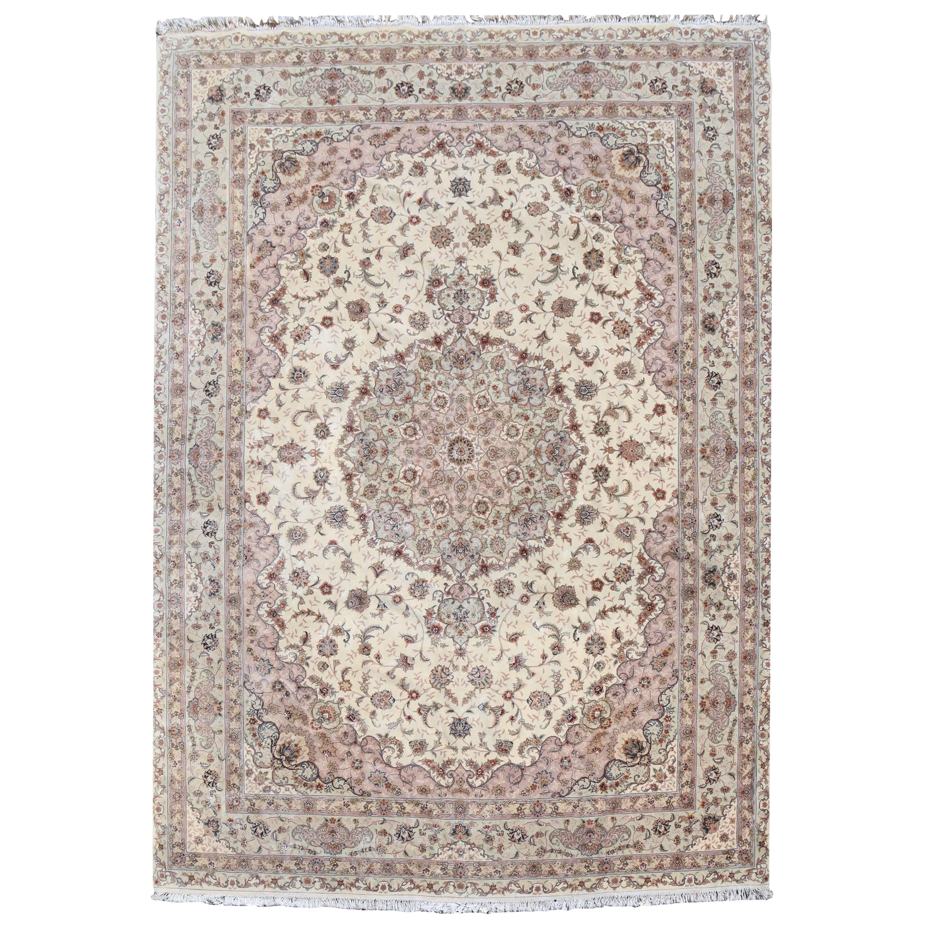 Hand-Knotted Turkish Wool and Silk Rug For Sale
