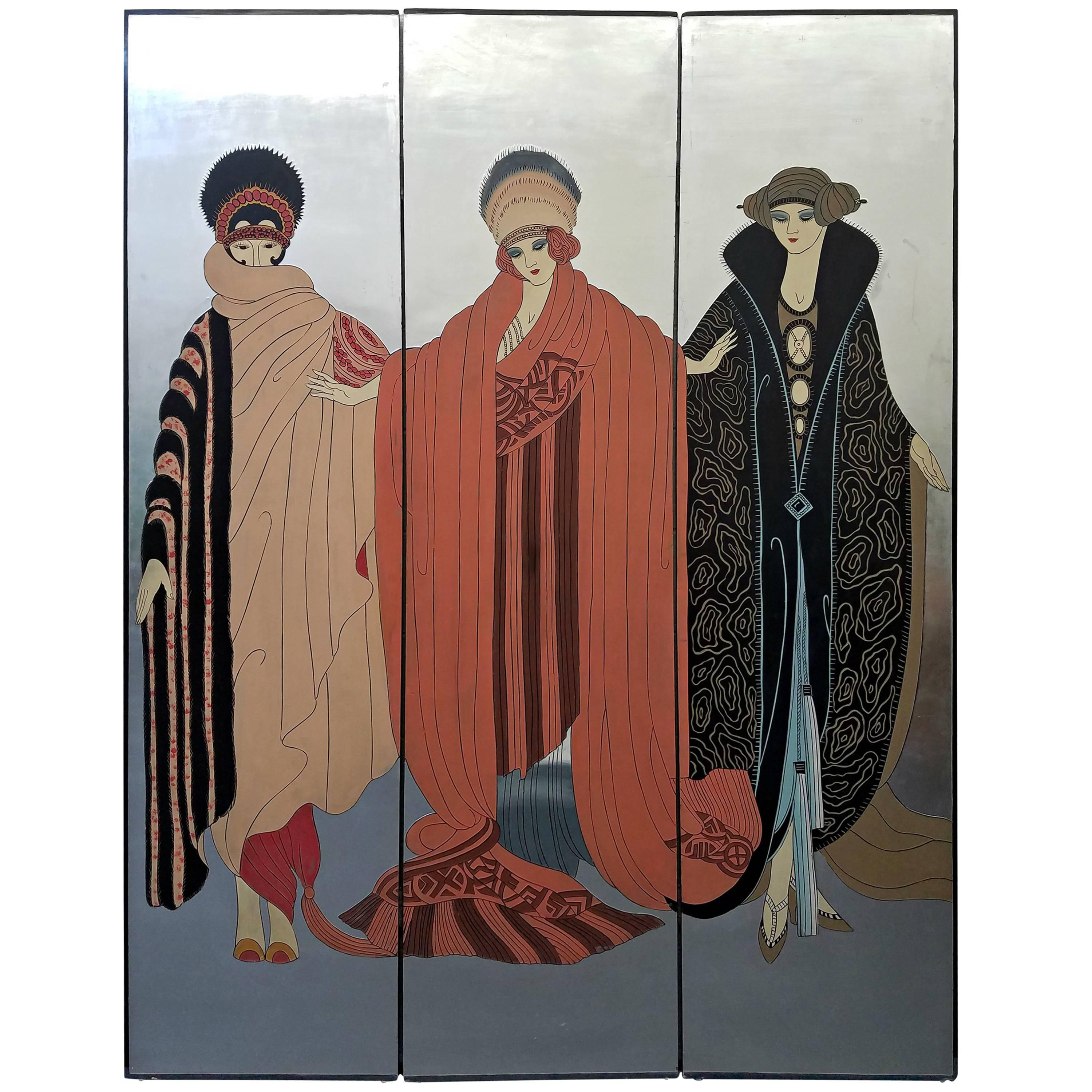 Erte Style Art Deco Silver Leaf Three-Panel Screen Art Room Divider