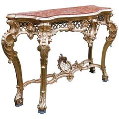 Italian Gold Gilded Rococo Console Table with Rosso Verona Marble Top