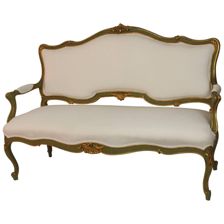 Italian Rococo Style Settee Polychromed in Green and Gold For Sale