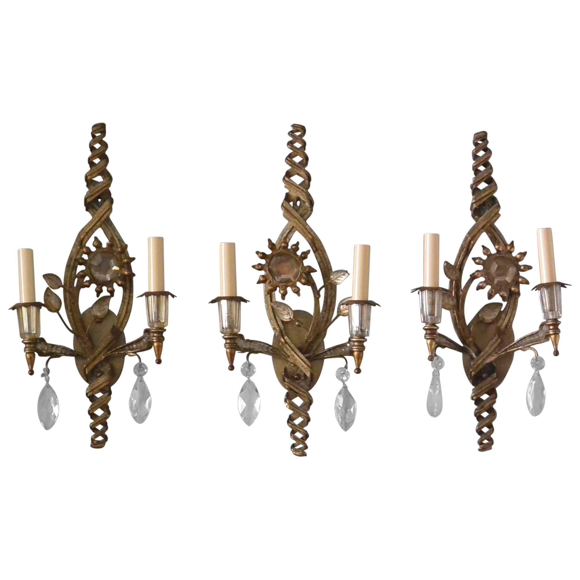 Set of Three Vintage Italian Mirrored Glass Sconces For Sale