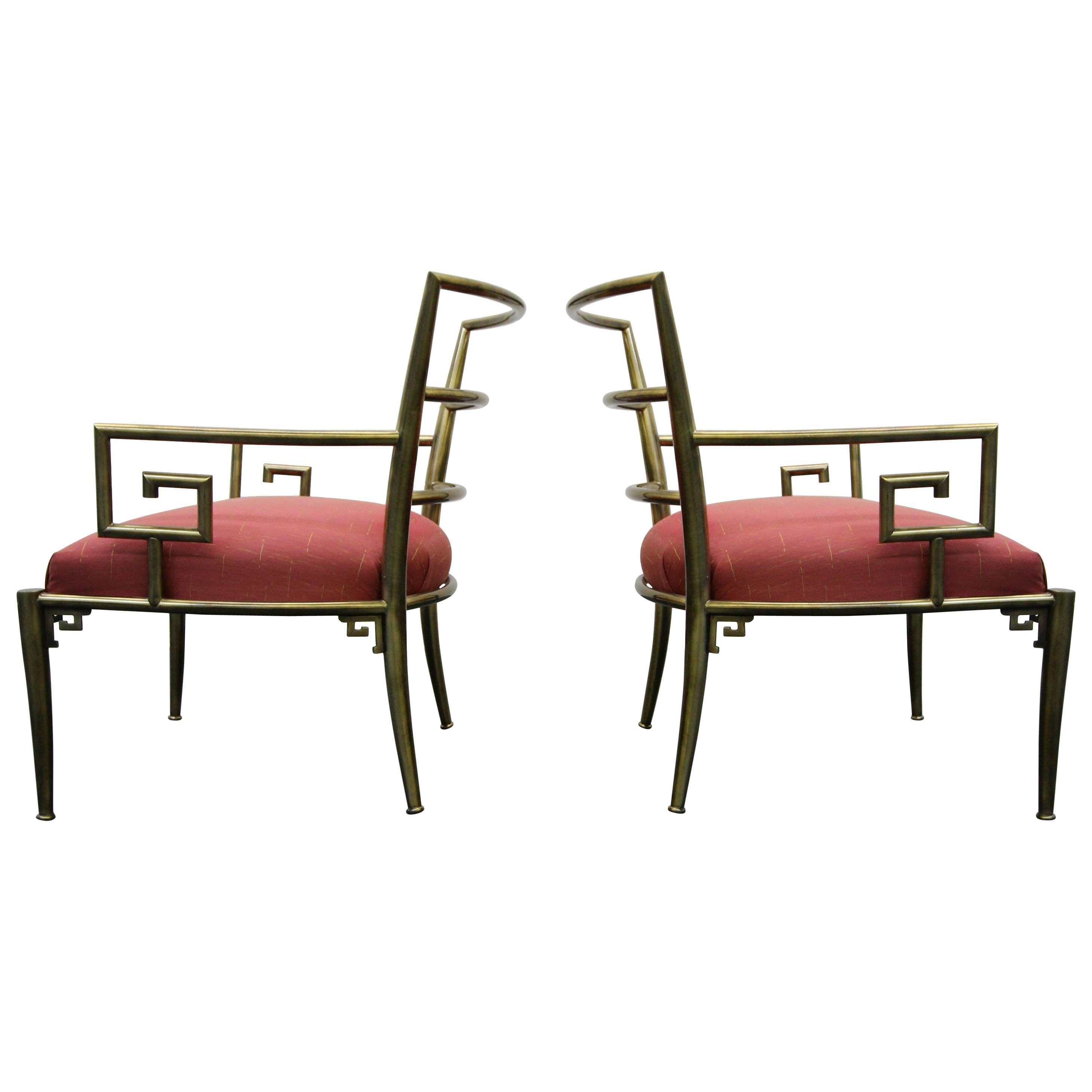 Pair of Solid Brass Mid-Century Italian Greek Key Arm Side Chairs