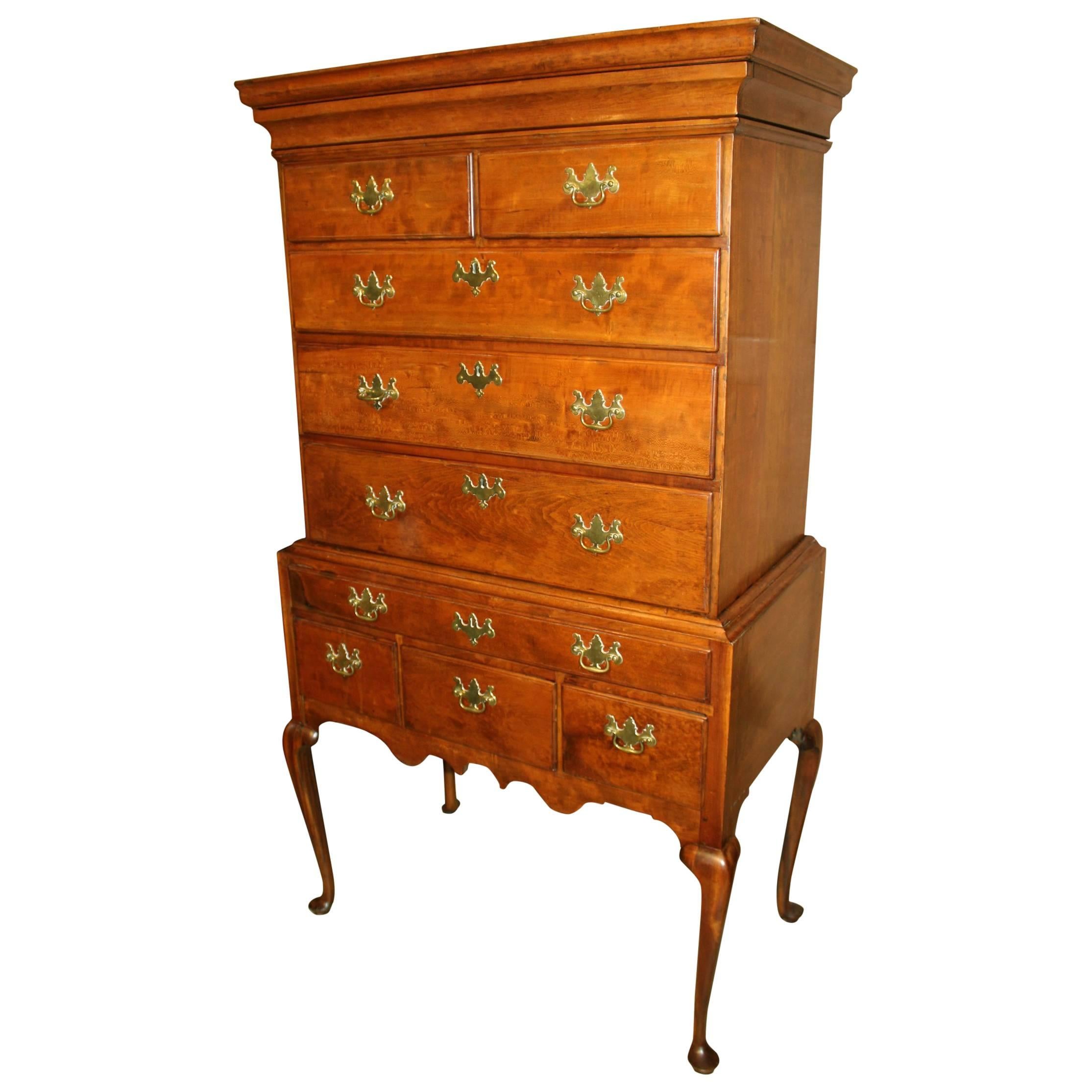 18th Century New England Queen Anne Maple Flat Top Highboy with Secret Drawer