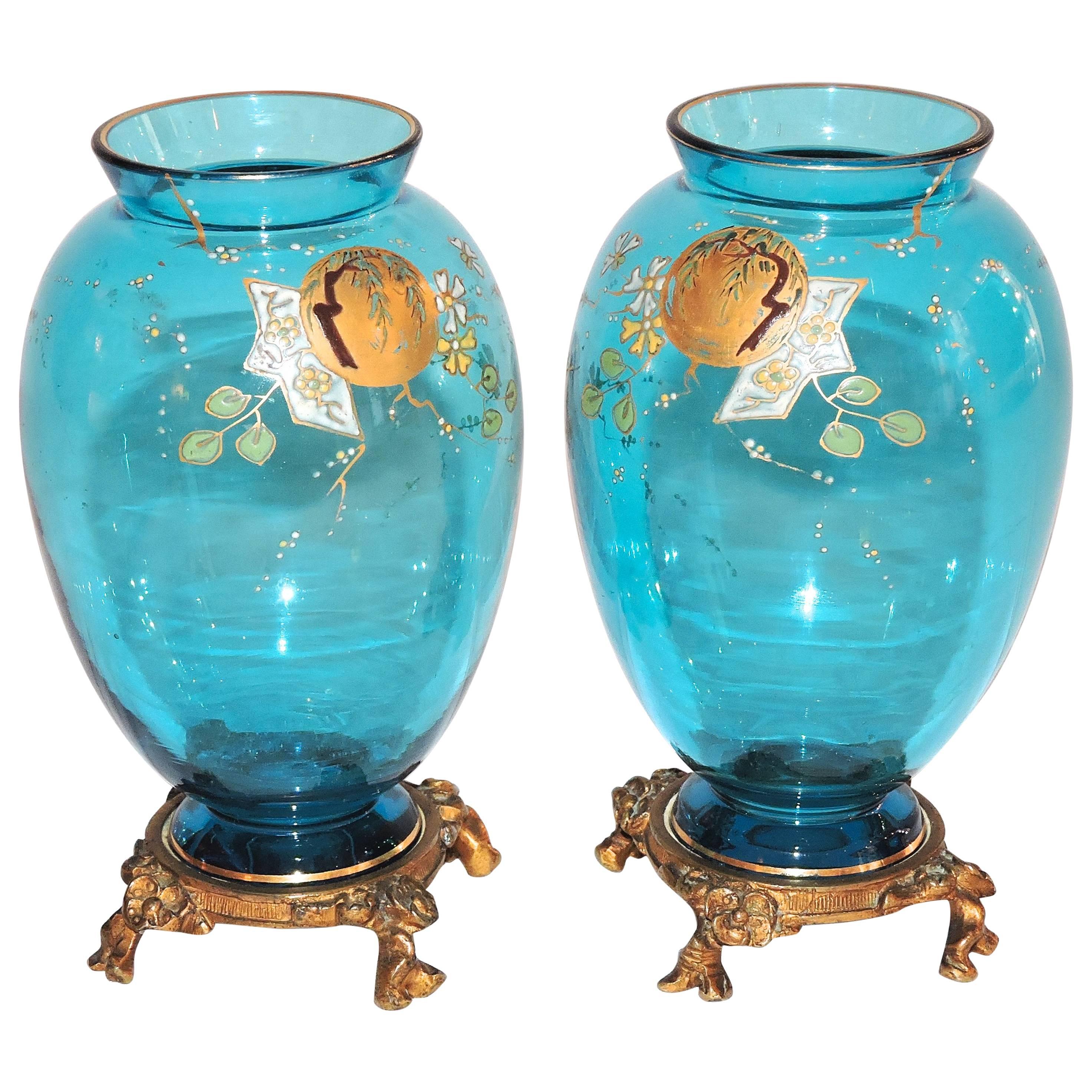 Pair of French Japonisme Blue Crystal Enamel Vases Attributed to Baccarat