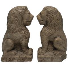 Tall Pair of Neoclassical Stone Lion Sculpture Bookends or Decorative Objects