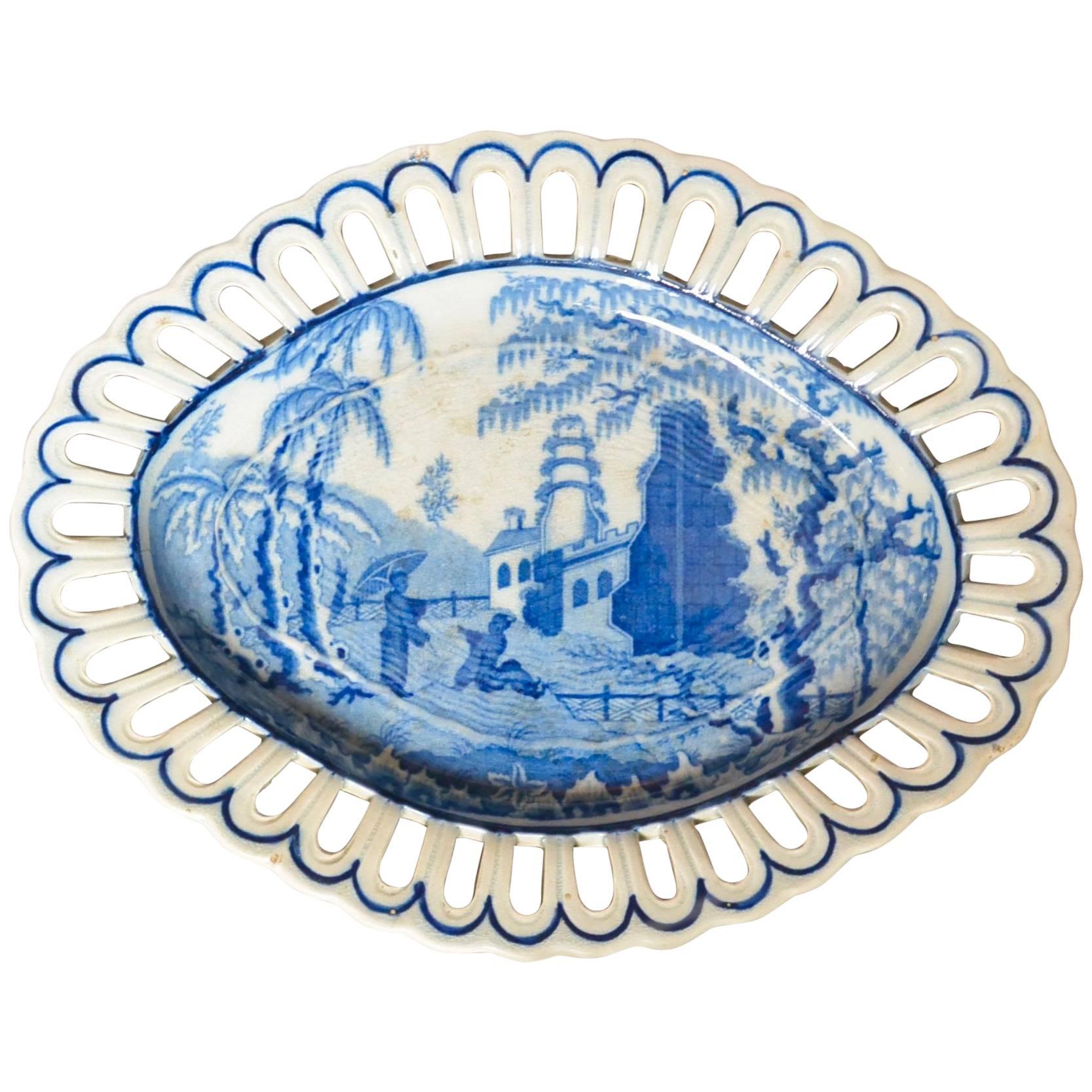 English Blue and White Chinoiserie Plate For Sale