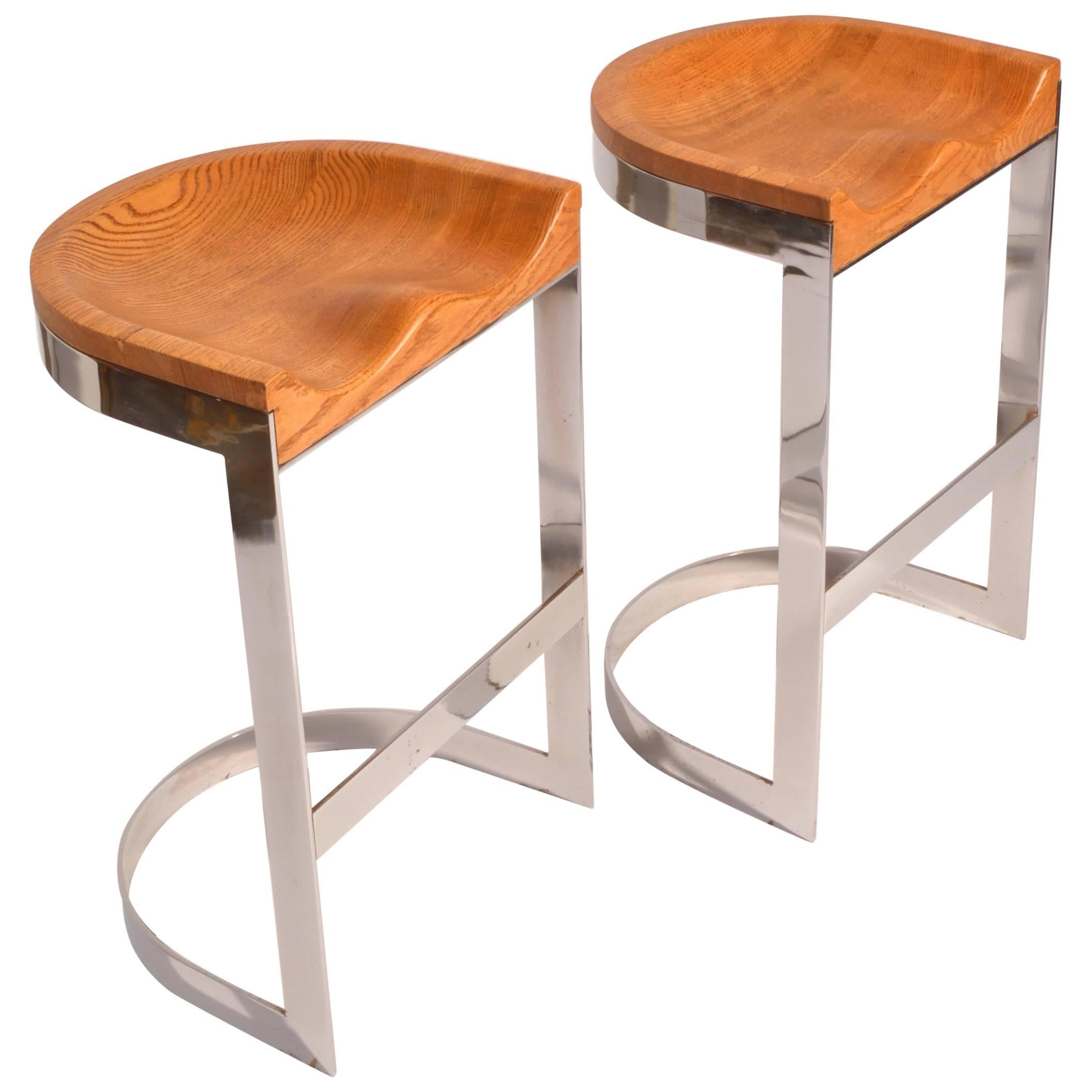 3 Pair of Oak and Chrome Counter Stools by Warren Bacon
