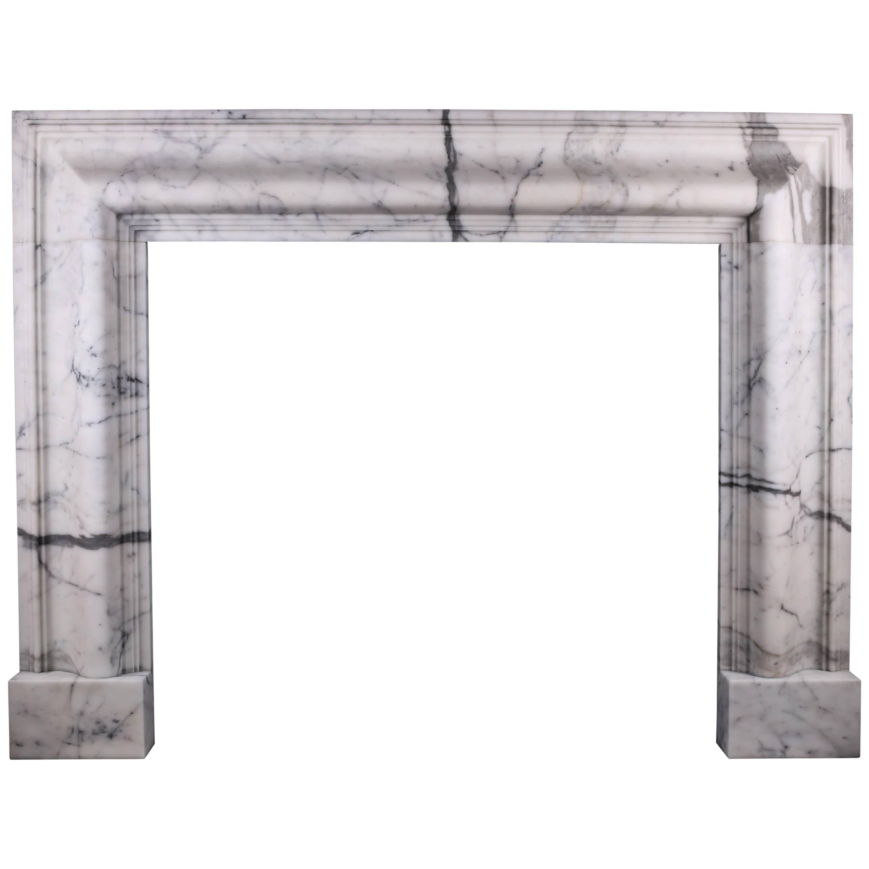 Queen Anne Style Bolection Fireplace in Italian Statuary Marble For Sale